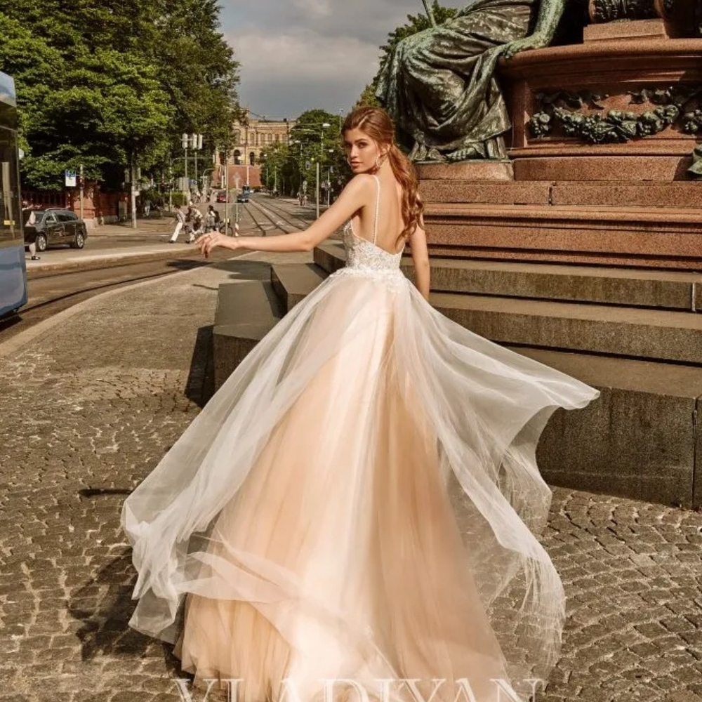 Elegant White and Nude Wedding Gown. International Designer-European  Production